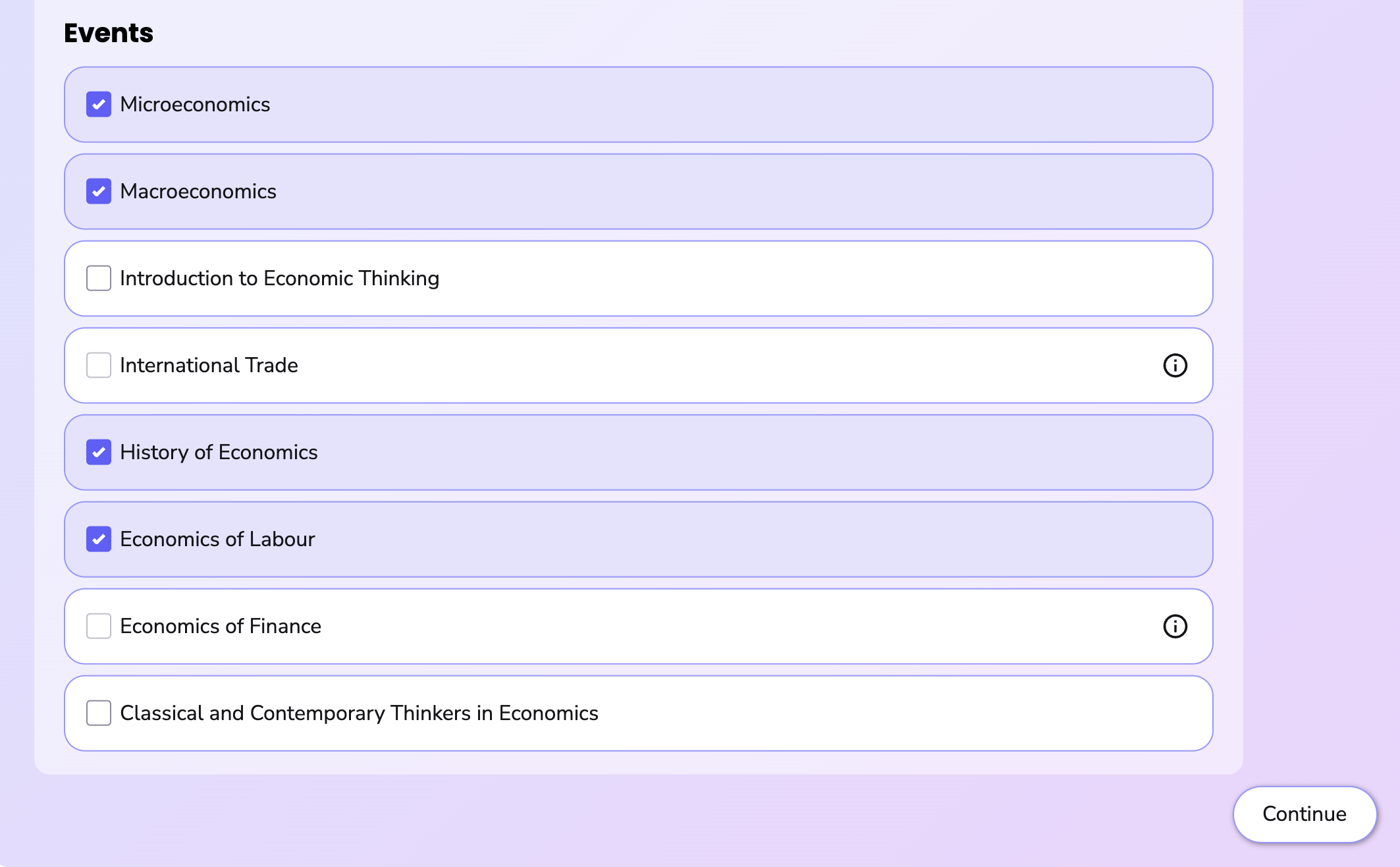 Image showing Events being selected for QuizMe