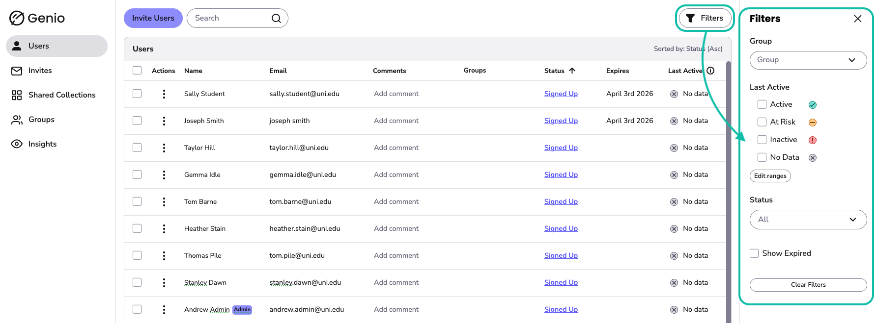 Image shows the user dashboard with filters icon and filter options side tab highlighted