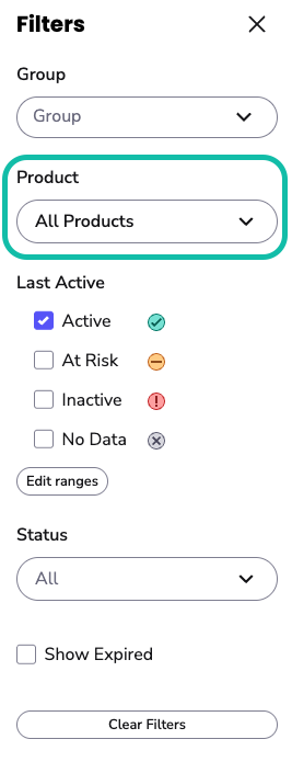 Image of the filter options, highlighting the product filter