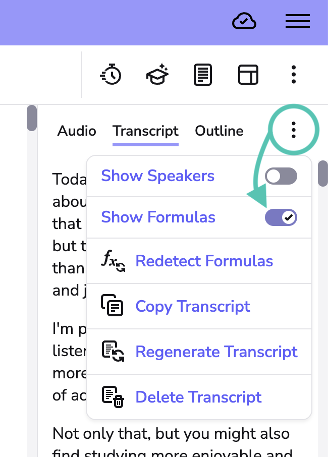 image highlights the 'show formulas' option in the drop down menu