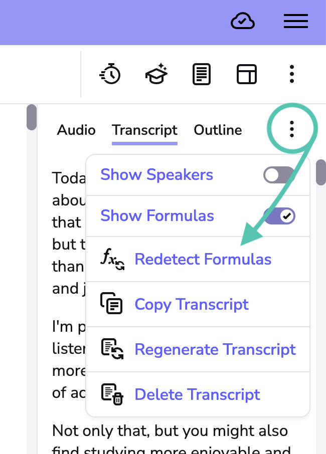 image highlights the 'redetect formulas' option in the transcription option drop down menu