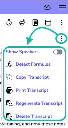image highlights transcription options drop down menu