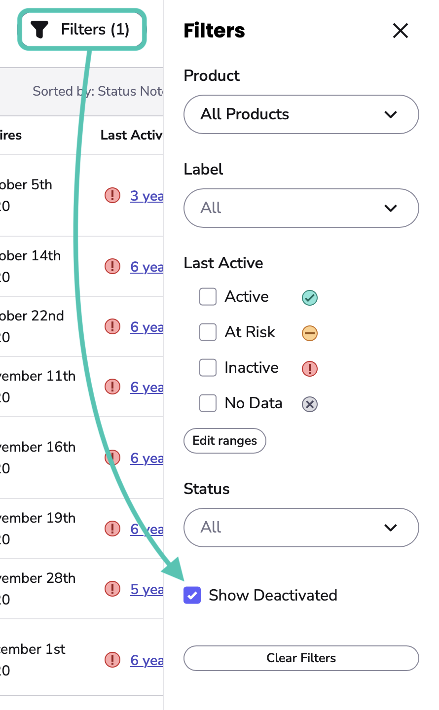 Image showing the Show Deactivated check box