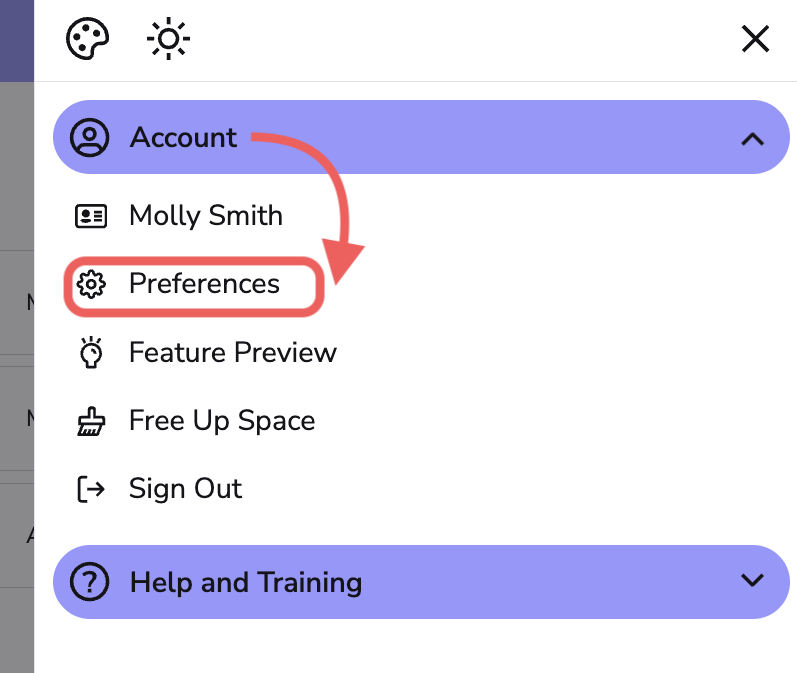 image highlights the preferences option from the account menu drop down