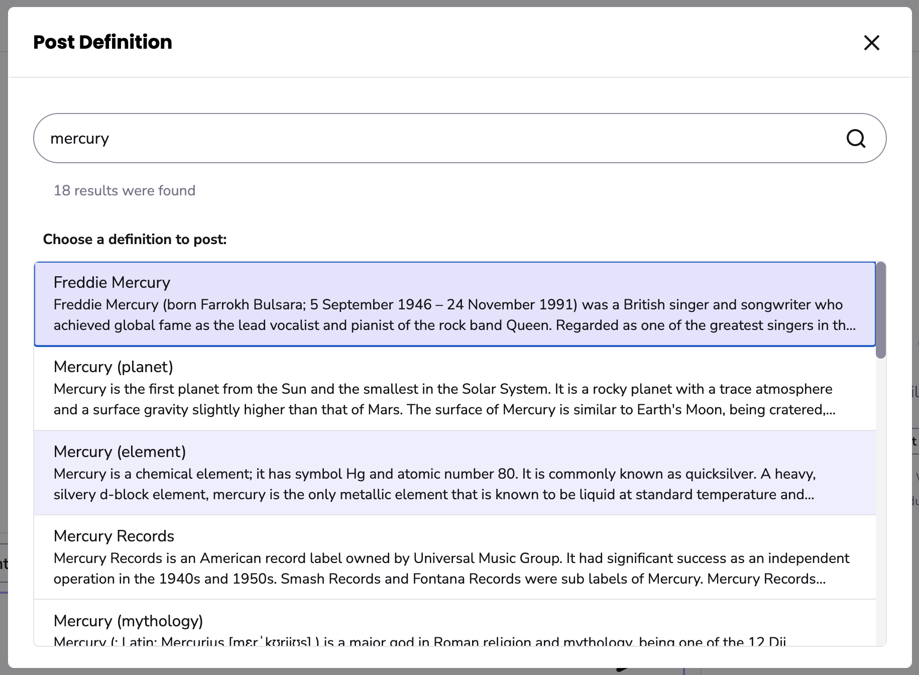 Image showing the disambiguation picker for 'Mercury'