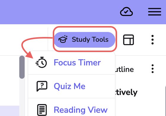 Image highlights the study tools button with an arrow pointing to Focus Time. 