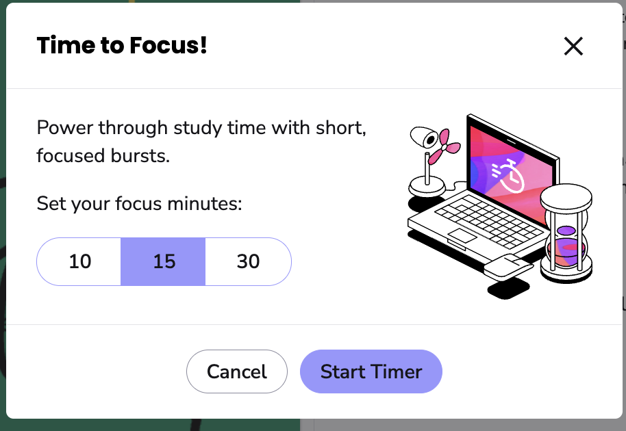 Timer pop-up showing the different timer durations