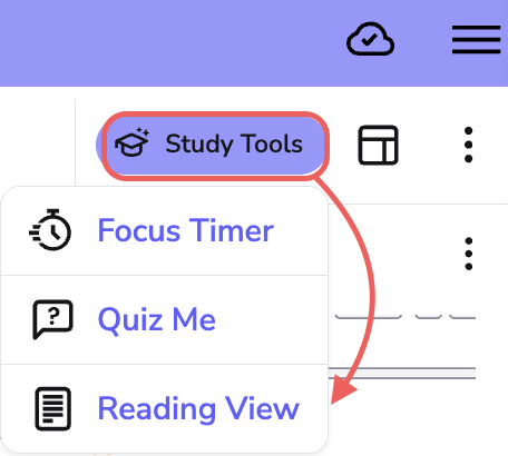 Image shows the study tools button with an arrow pointing to the reading view option in the drop-down menu. 