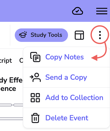 images highlights the Copy Notes option in the menu drop down