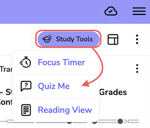 image highlights the study tool icon with an arrow pointing to QuizMe