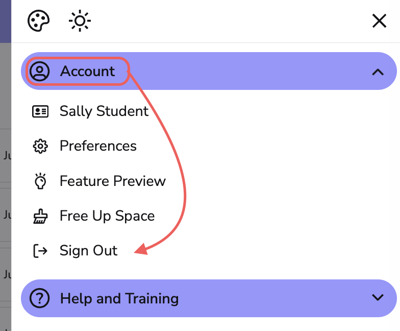 Image highlights account icon and an arrow pointing to sign out. 