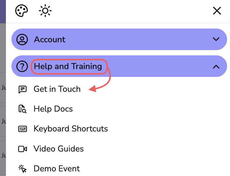 Image: highlight the help and training icon with an arrow pointing to get in touch. 