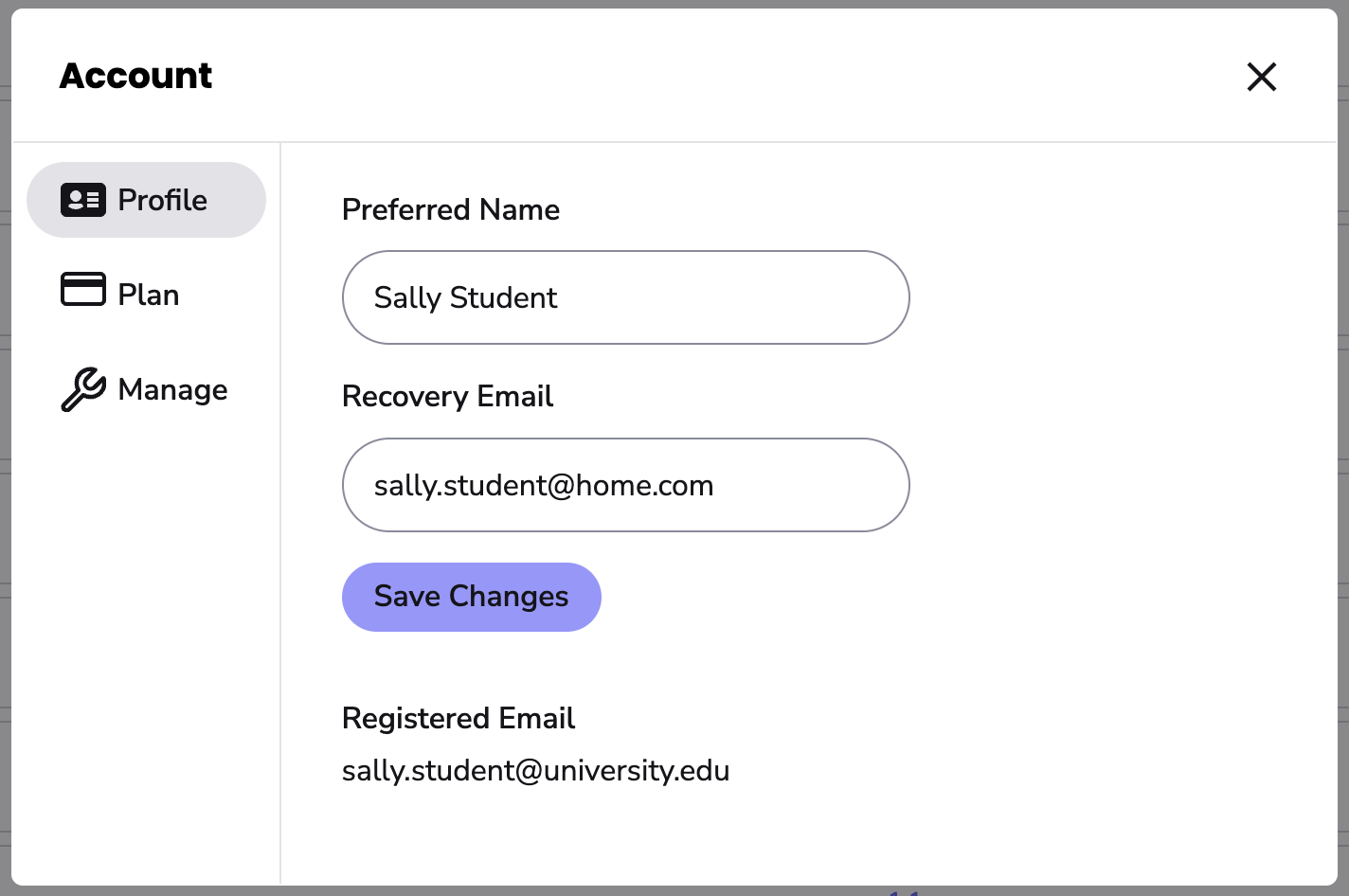 Image showing the Profile page, with the preferred name and registered email address.