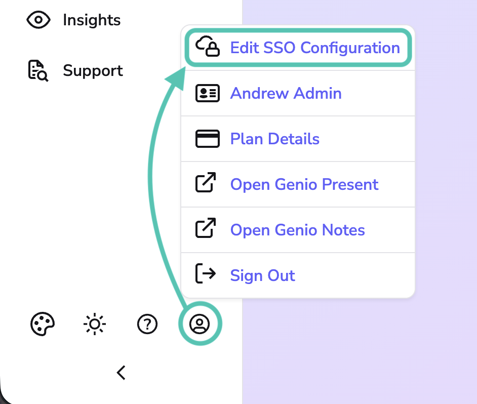 Image showing the Account Icon and the expanded menu with Edit SSO Configuration highlighted