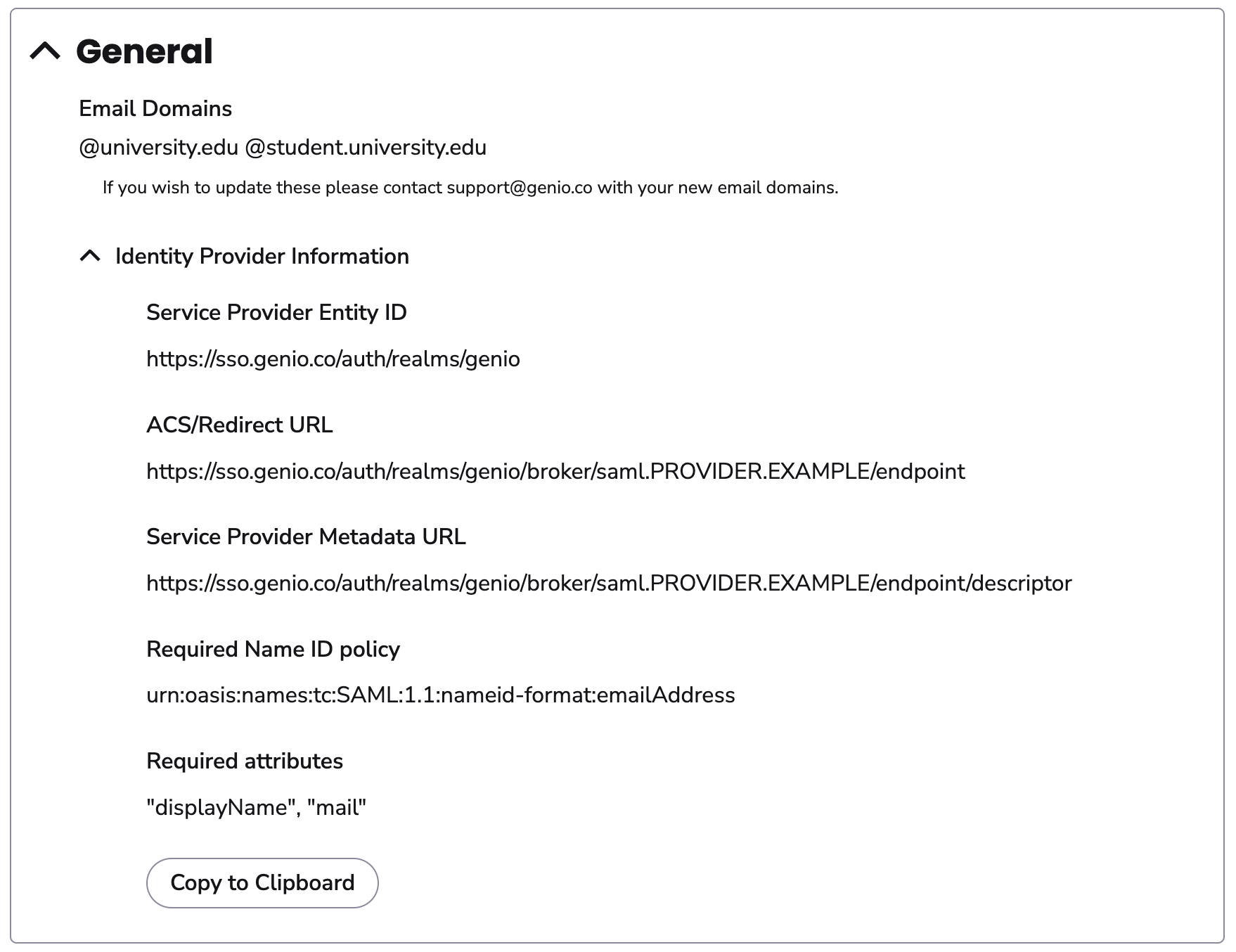 Image showing the general section of the SSO configuration page.
