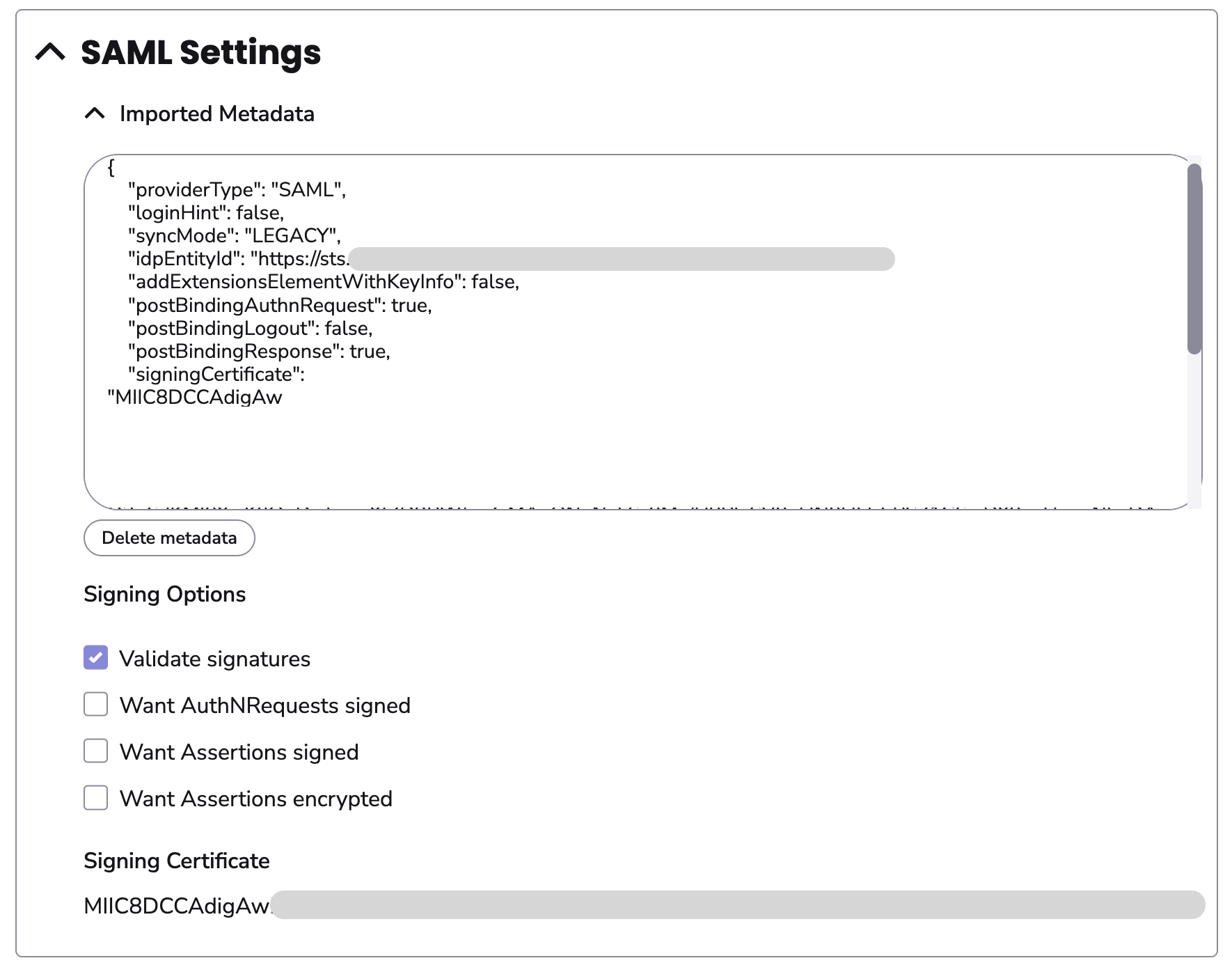 Image showing the SAML Settings section of the SSO configuration page.