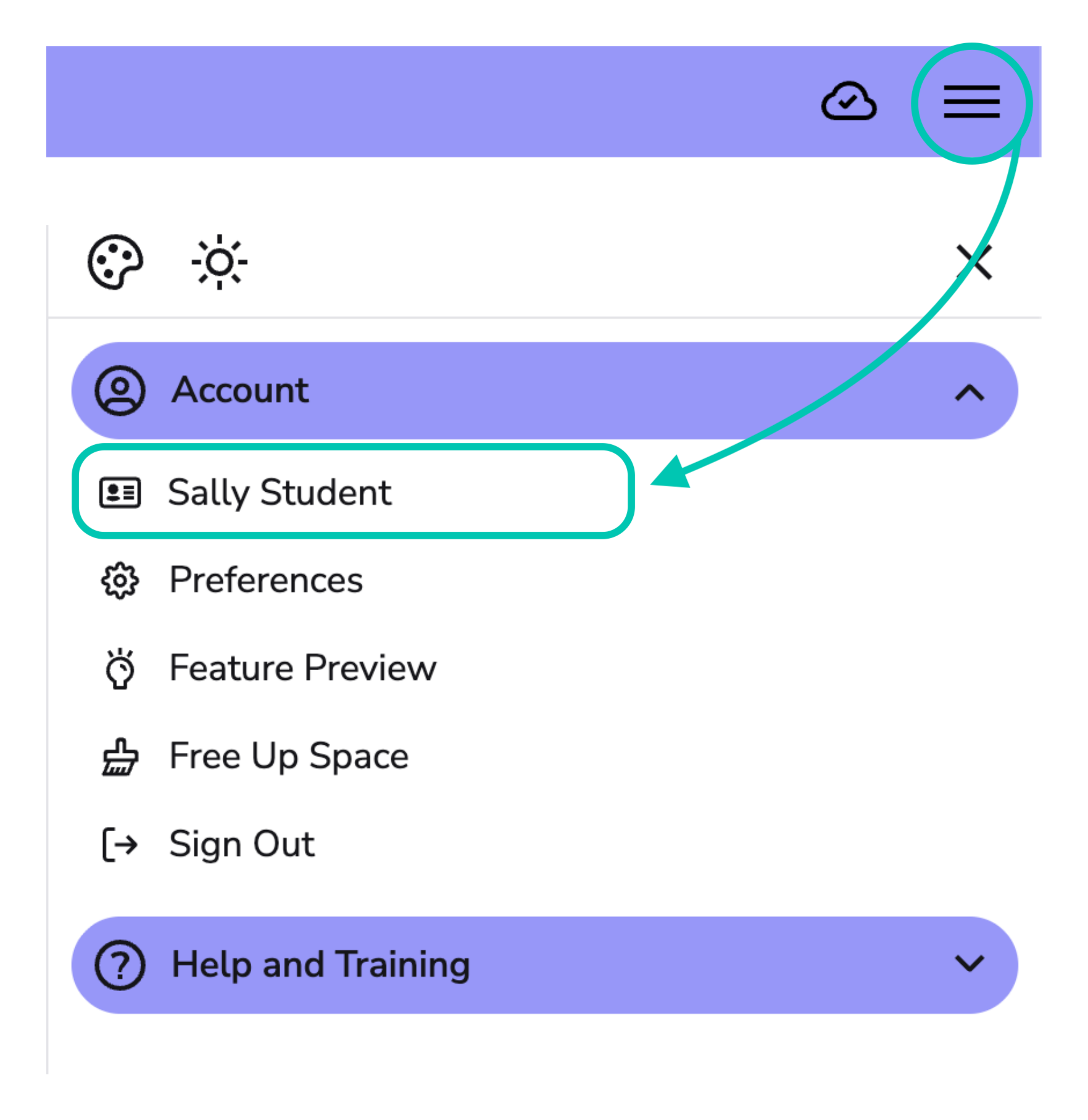 Image showing the expanded burger menu with an arrow pointing to your name.