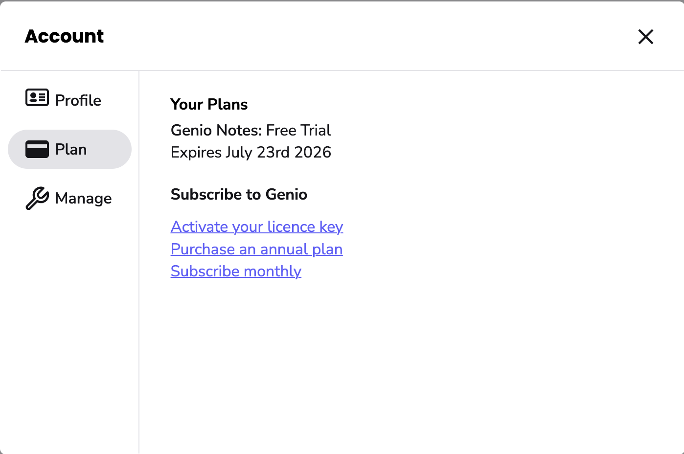The account summary, showing the plan details and expiry date. With  subscription options.