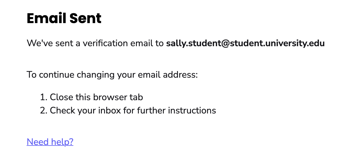 Image showing email change verification email sent