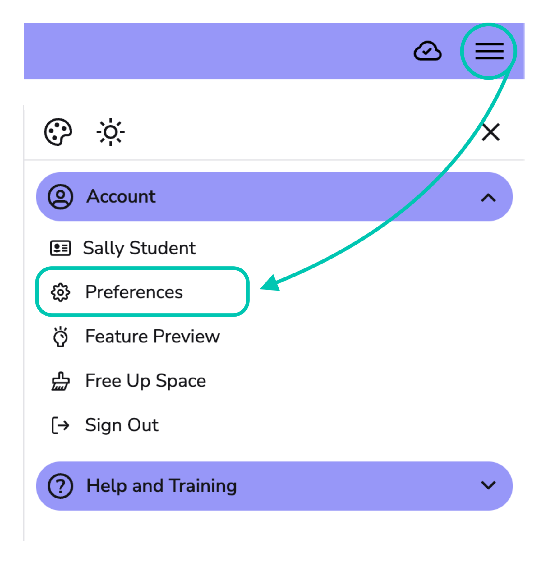 Image showing the expanded burger menu with an arrow pointing to preferences.