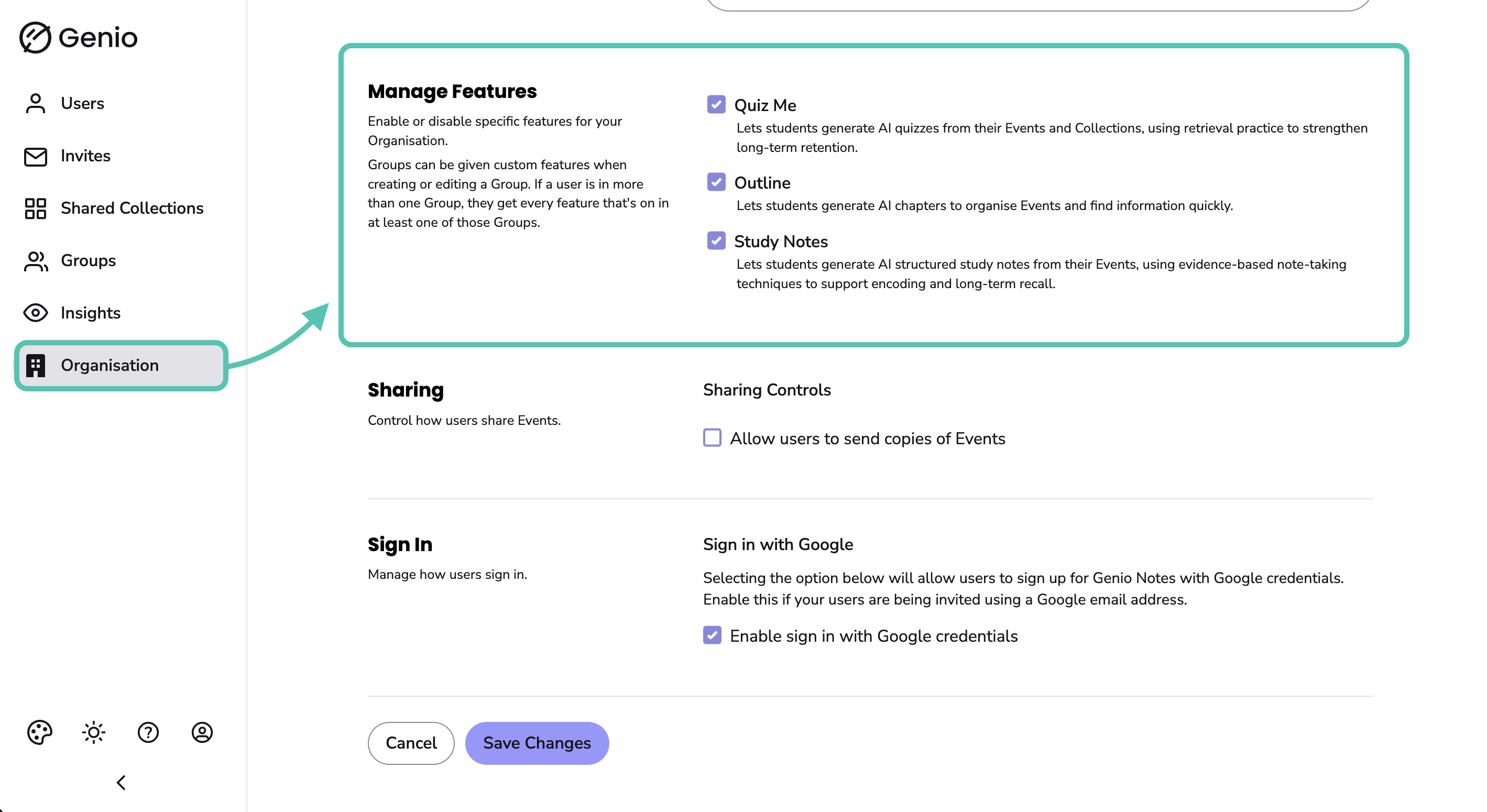 Image showing the Organisation Tab with Manage Features Highlighted