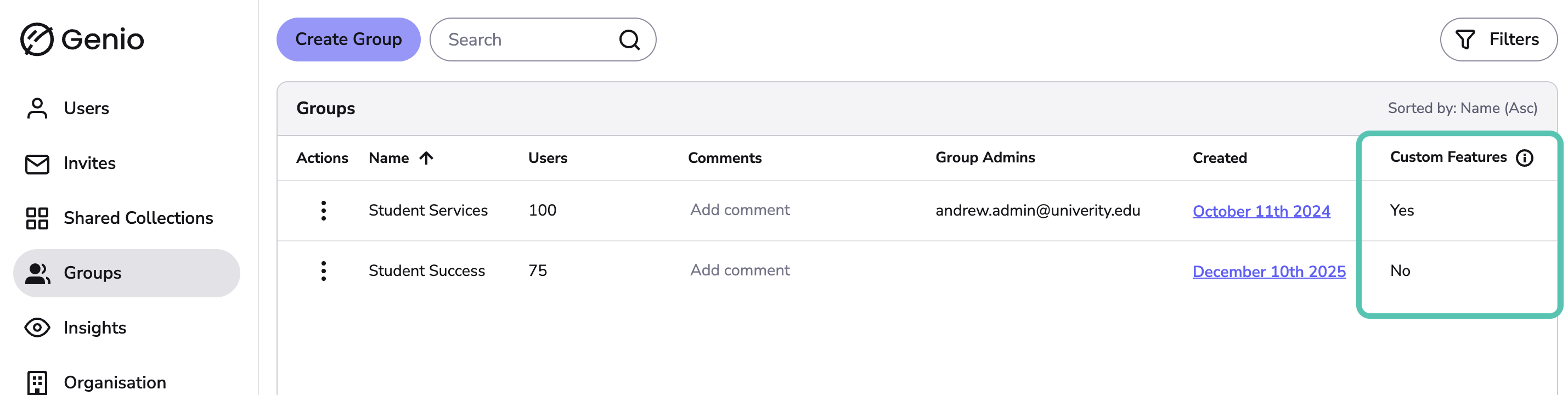 Image showing Group Tab with Custom Feature column highlighted.