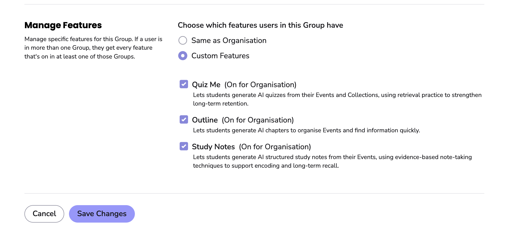 Image showing Group Manage Feature Settings.