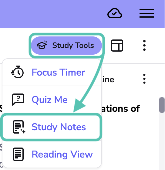Image showing the Study Tool menu with Study Notes highlighted.