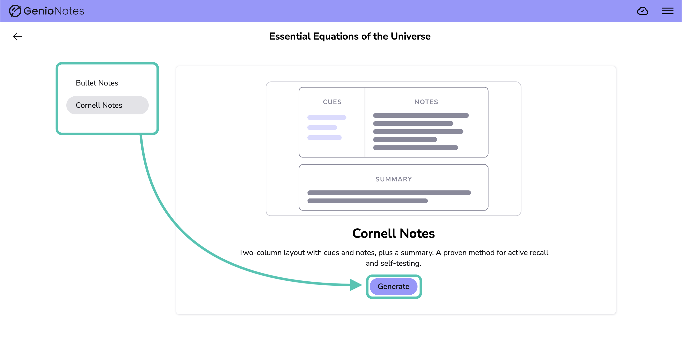 Study Notes with Cornell Notes selected and an arrow pointing to the Generate button.