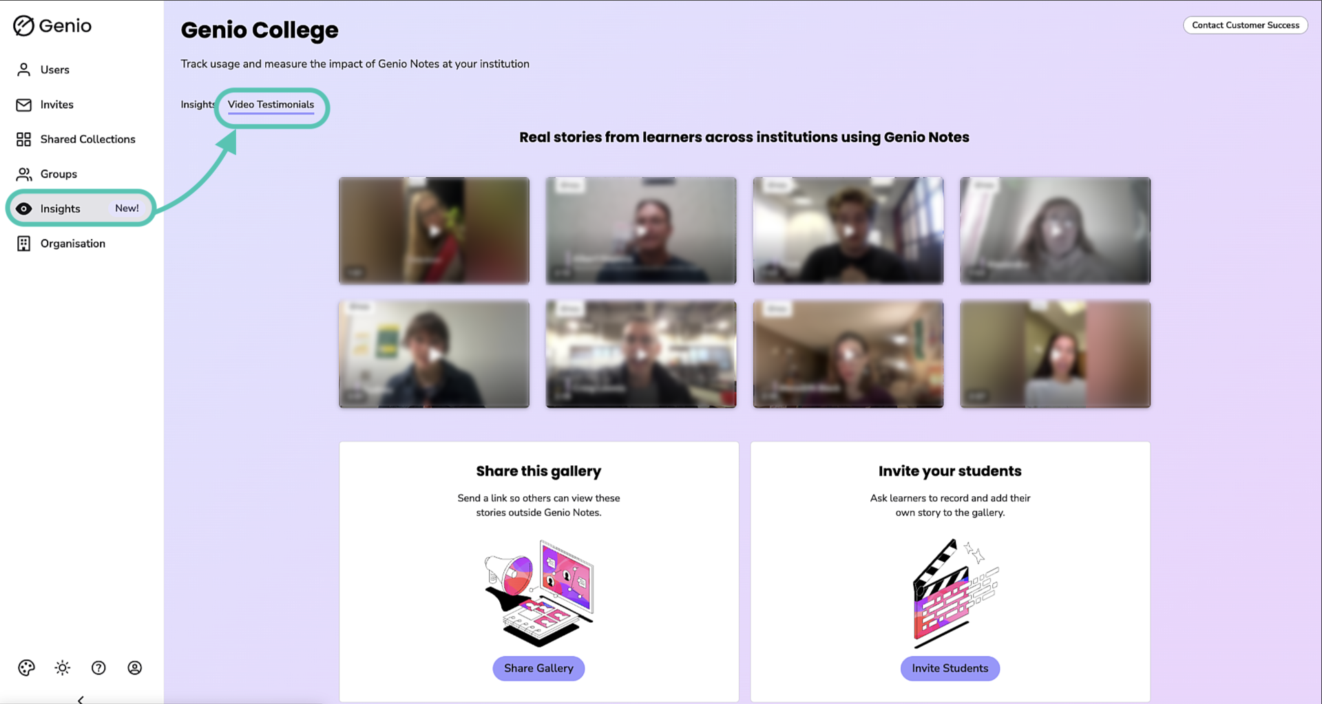 Image showing the video testimonial tab of the Insights page.