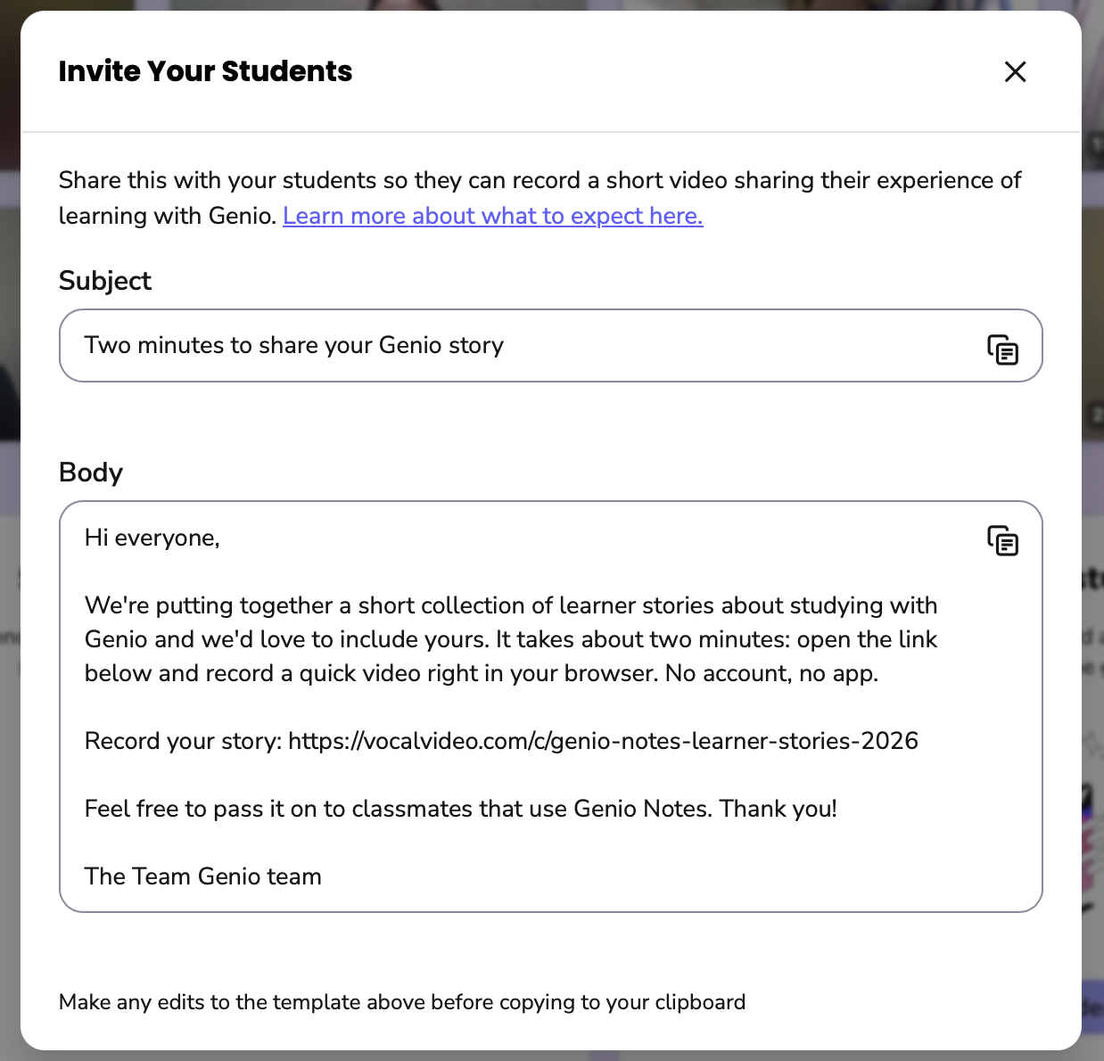 Image showing the email template for inviting a user to leave a video testimonial