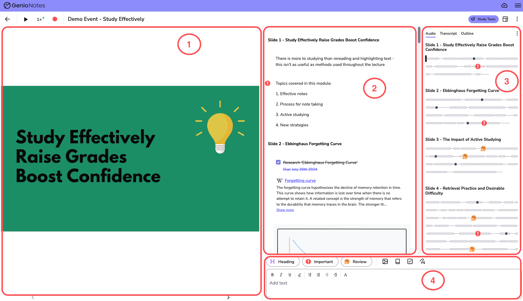Image showing the Event workspace. With 4 sections highlighted; slides, notes, audio and labels