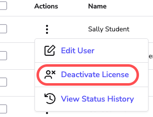 Image showing the action menu with deactivate Licence highlighted