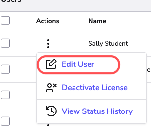 Image showing the action menu with Edit User highlighted