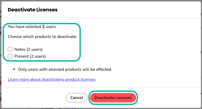 image highlights the Notes and Present expiry options for 3 users and the deactivate button.  