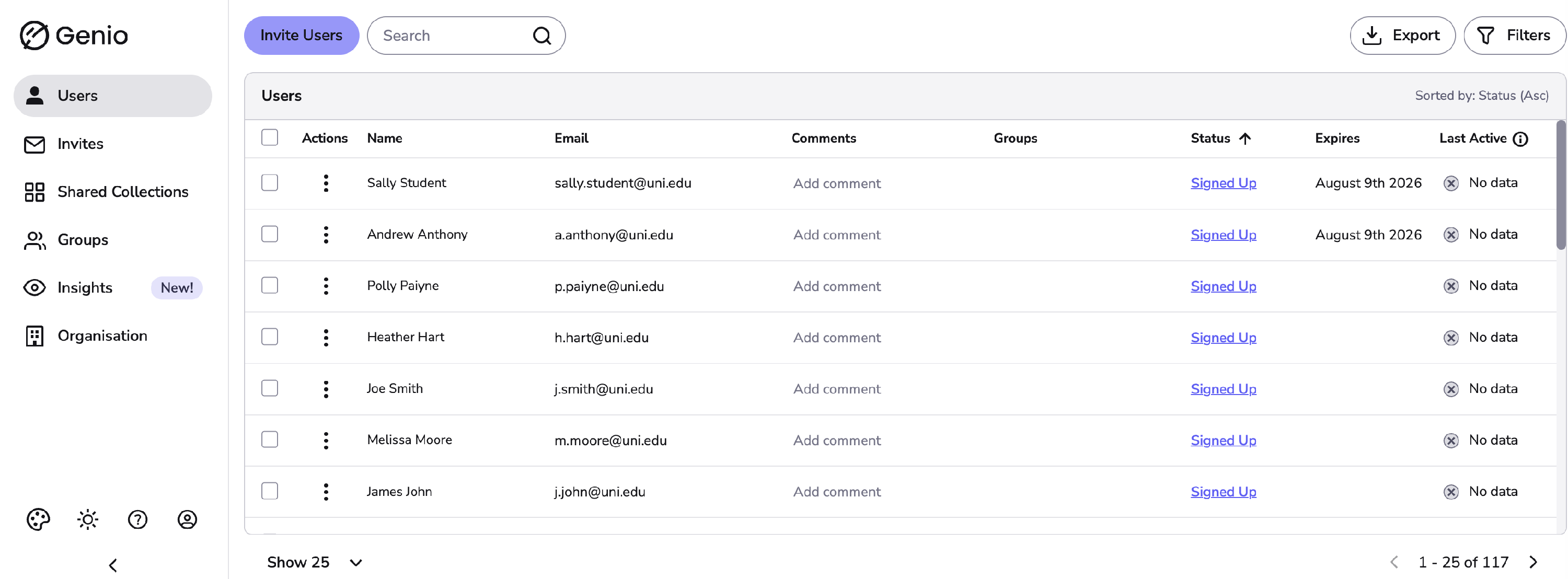 Image showing the user list in Genio Admin.