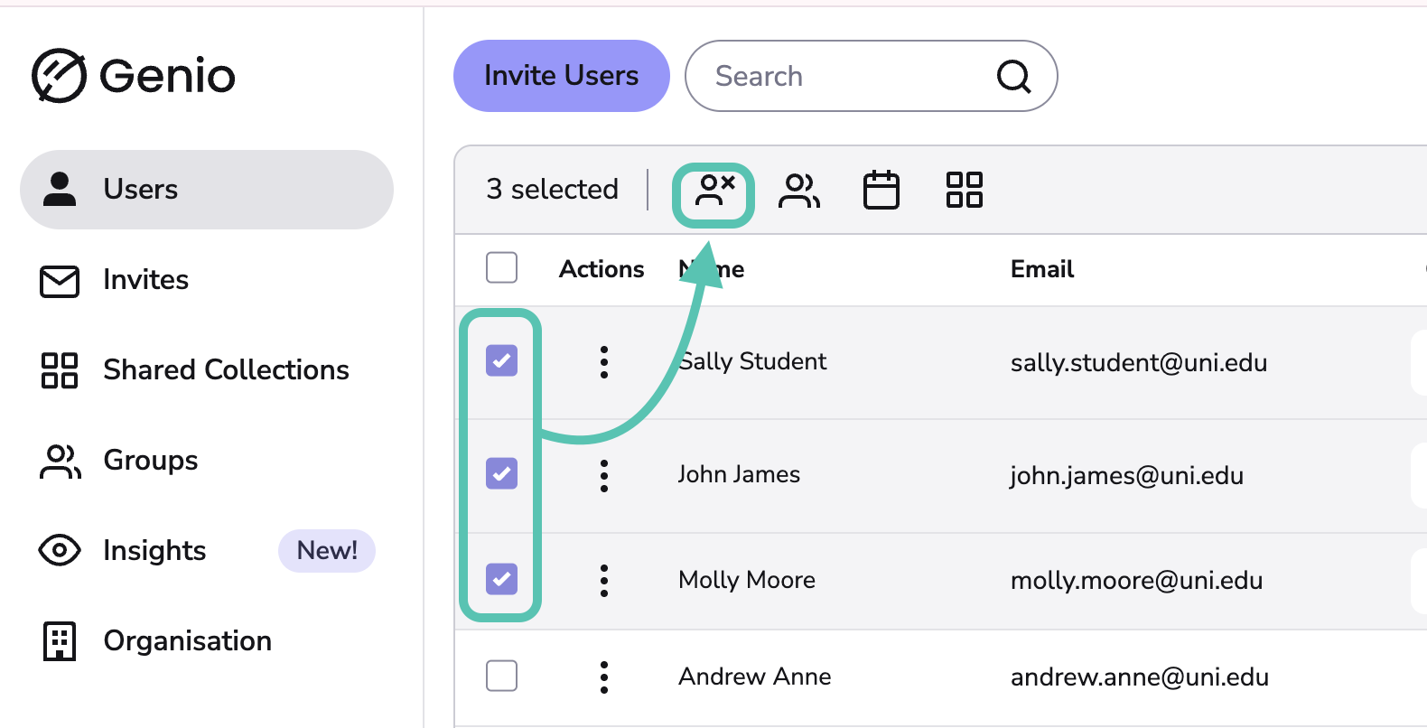 Image highlights selected users and the bulk deactivate button