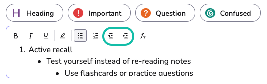 Text formatting box showing the Indenting and Outdenting icons and format