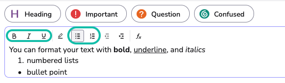 Text formatting box showing the Bold, Italics, Underline, bullet points and numbered list  buttons.