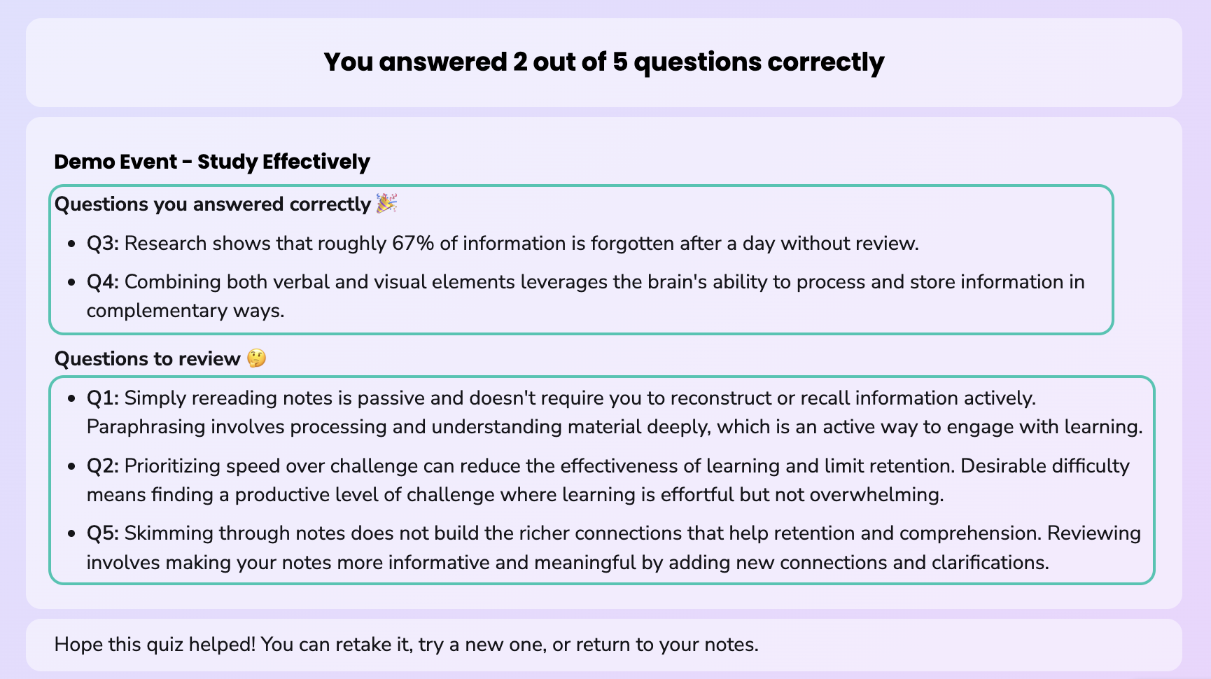 Quiz results showing 2 out of 5 correct. Each wrong answer is listed under 'Questions to review' with an explanation of why it was incorrect.