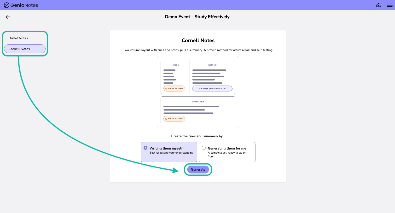 Study Notes with Cornell Notes selected and an arrow pointing to the Generate button.
