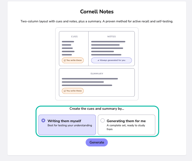  Study Notes with Cornell Notes selected, showing the choice between writing your own Cues and Summary or generating complete notes