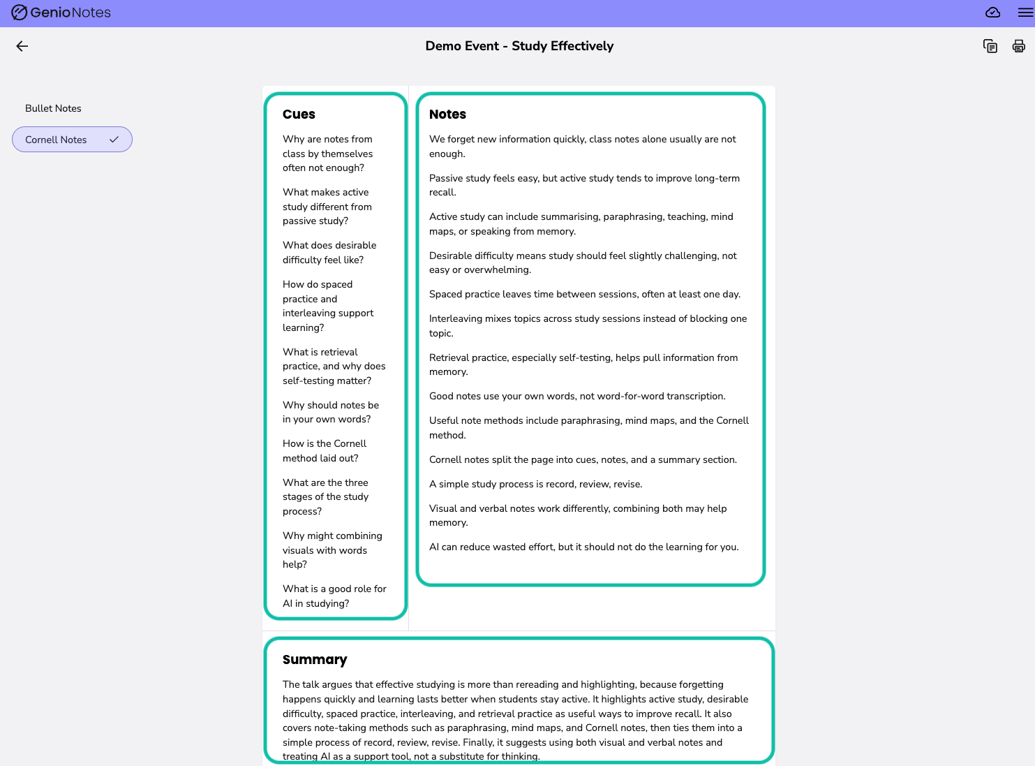 Cornell Notes with the Cues, Notes and Summary sections all filled in.