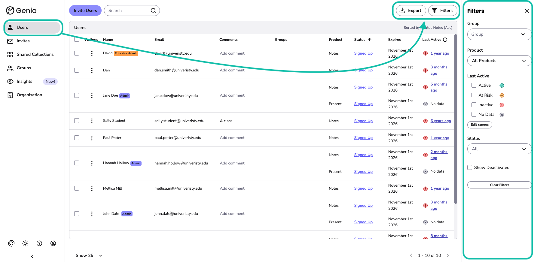 Users page with the Export and filter buttons highlighted.