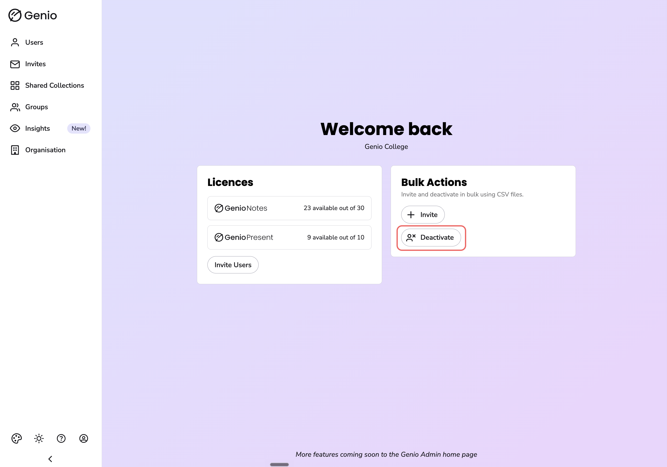 Genio Admin home page with the Deactivate button on the Bulk Actions card highlighted.