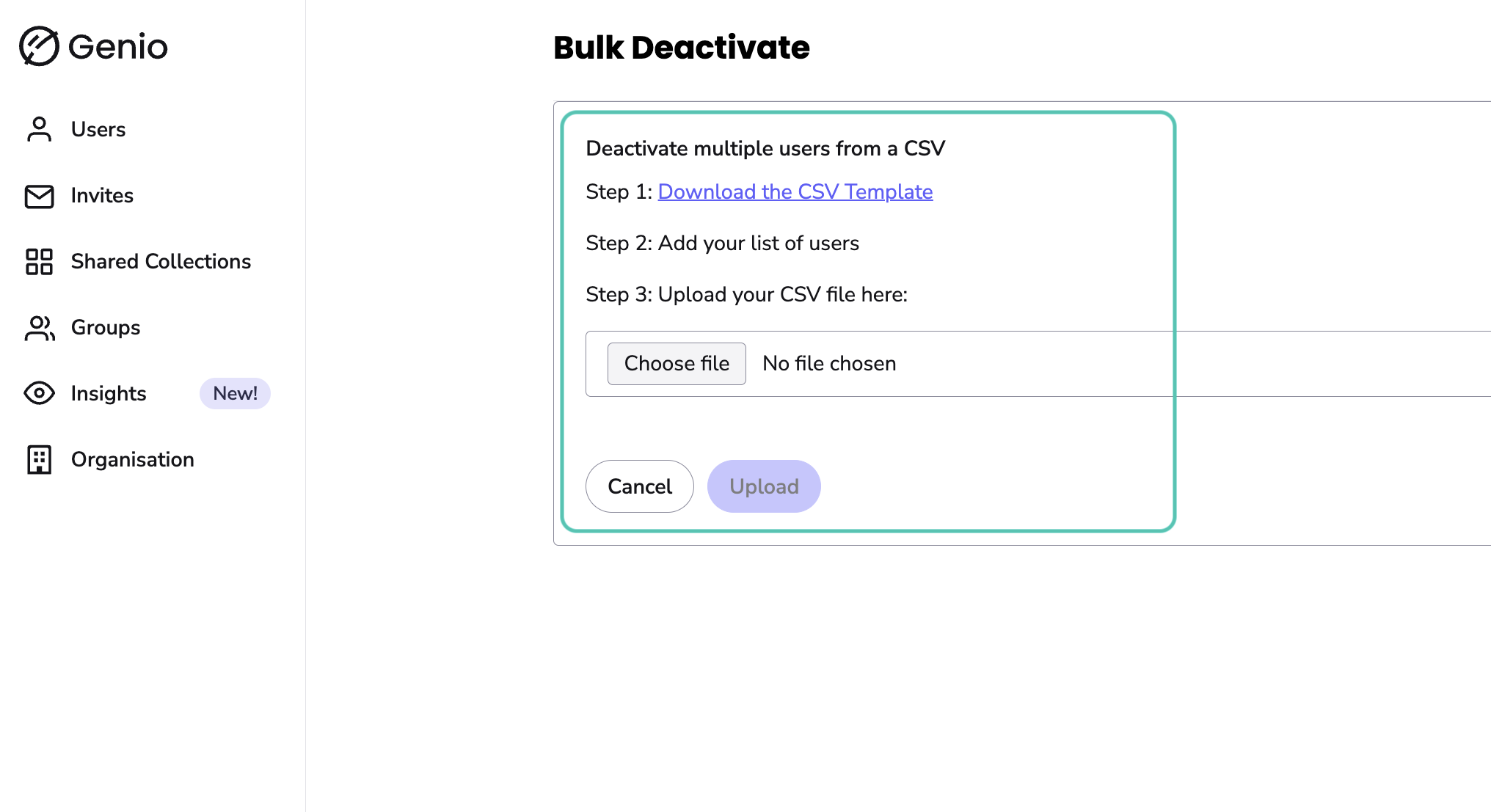 Bulk Deactivate page, highlighting the steps to deactivate 