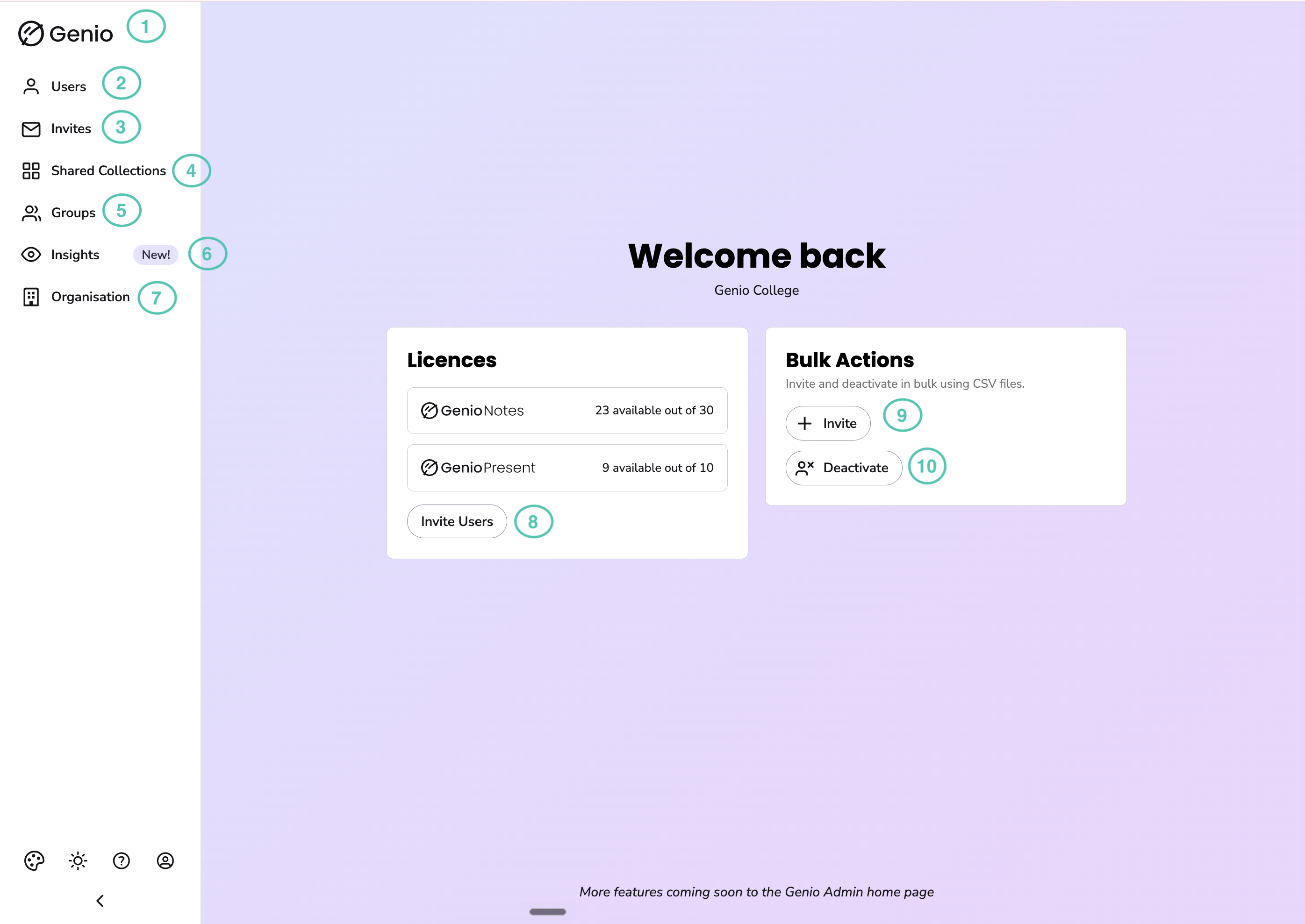 Genio Admin homepage view for multi product organisations, with numbered labels on the menu tabs, the Licences card and the Bulk Actions card.