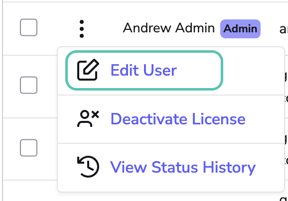 Action menu (three dots) with Edit User highlighted.