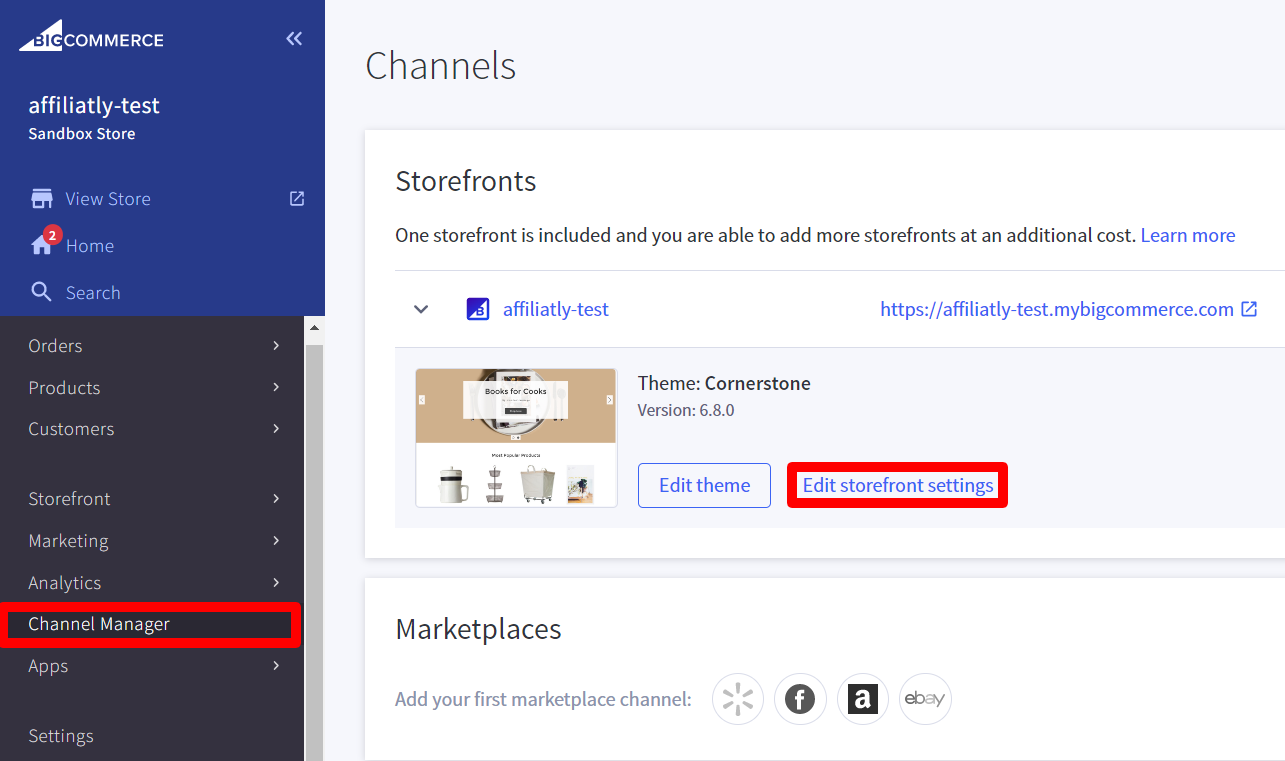 BigCommerce edit storefront settings