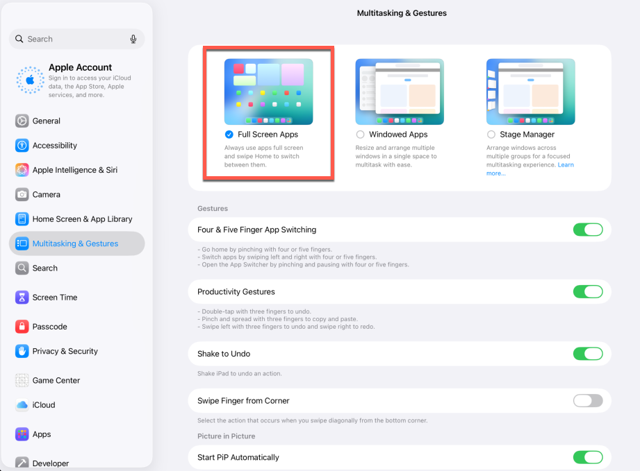 iPad Settings, Multitasking and Gestures, with Full Screen Apps selected